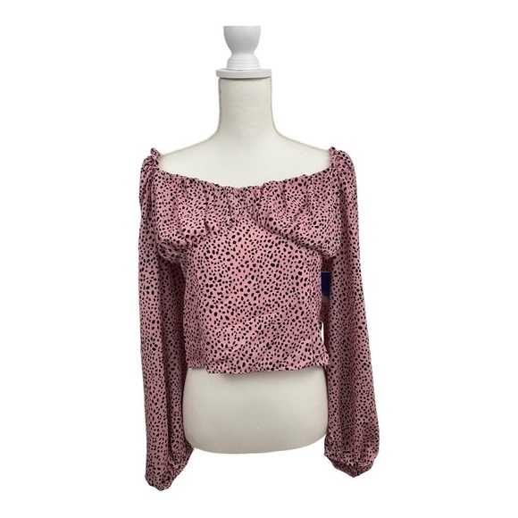 abound Balloon Sleeve Ruffle Collar Top, pink polka dot crop NWT - Picture 2 of 6